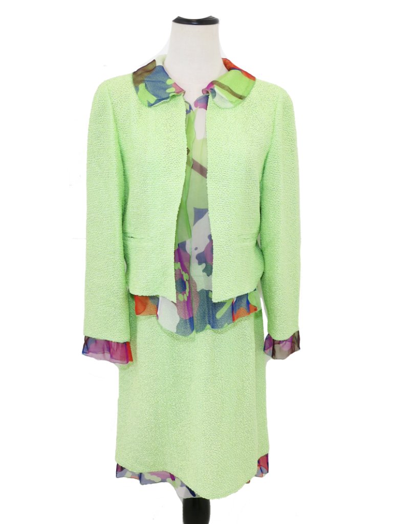 Chanel Vintage 2000 Spring Lime Green Print Chiffon Trim Skirt Jacket Set 38 40